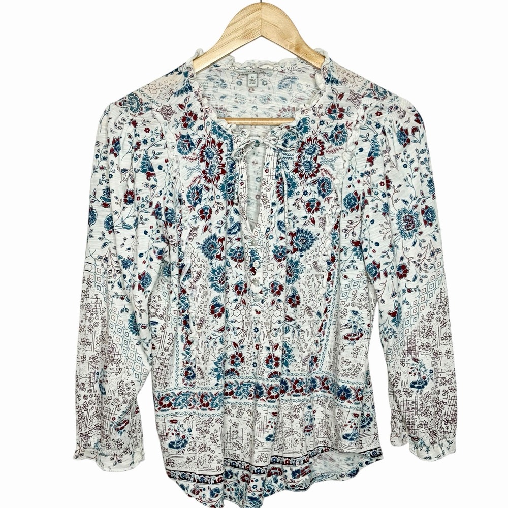 Lucky Brand Boho Floral Knit Top Womens Size M Long Sleeve Festival 70s Hippie